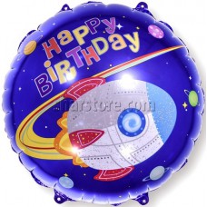 Шар круг «Happy Birthday» (ракета в космосе) синий 46 см.